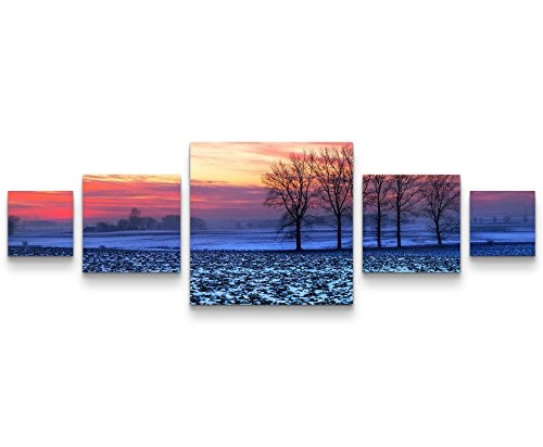 Leinwandbild 5 teilig (160x50cm) Landschaftsfotografie - idyllischer Sonnenuntergang über den Feldern