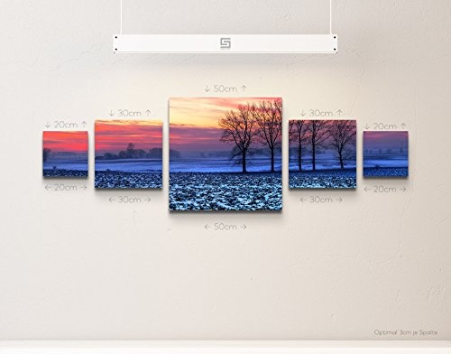 Leinwandbild 5 teilig (160x50cm) Landschaftsfotografie - idyllischer Sonnenuntergang über den Feldern