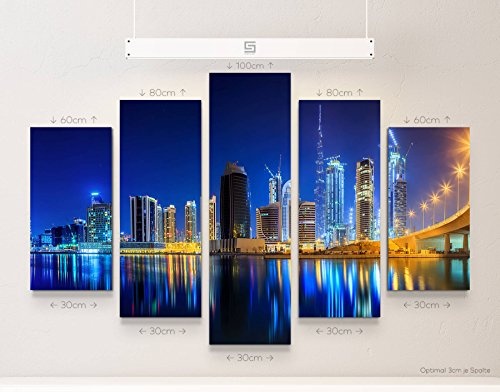 5 teiliges Wandbild auf Leinwand (Gesamtmaß: 150x100cm) Skyline Dubai bei Nacht