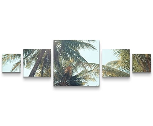 Leinwandbild 5 teilig (160x50cm) Palmen am Strand - Vintagefotografie