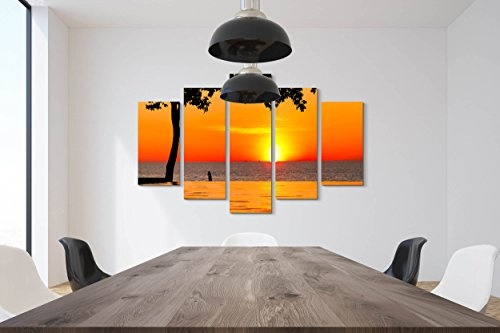 5 teiliges Wandbild auf Leinwand (Gesamtmaß: 150x100cm) Orangener Sonnenuntergang am See