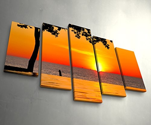 5 teiliges Wandbild auf Leinwand (Gesamtmaß: 150x100cm) Orangener Sonnenuntergang am See