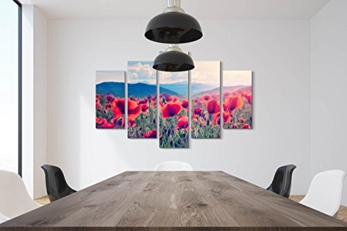 5 teiliges Wandbild auf Leinwand (Gesamtmaß: 150x100cm) Bergwiese mit Mohnblumen