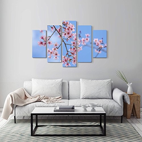 5 teiliges Wandbild auf Leinwand (Gesamtmaß: 150x100cm) Pinke Frühlingsblüten