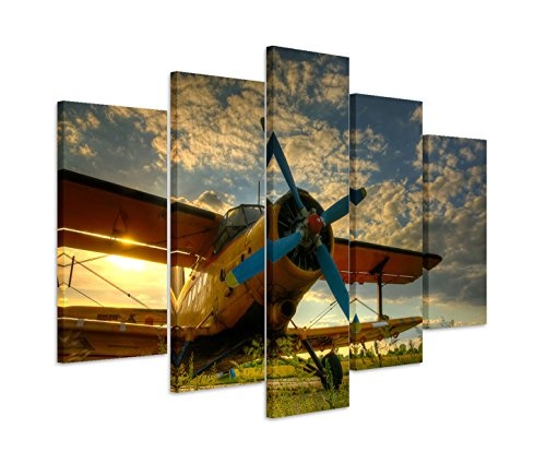 Modernes Bild 150x100cm Künstlerische Fotografie - Altes Flugzeug auf grünem Gras im Sonnenschein