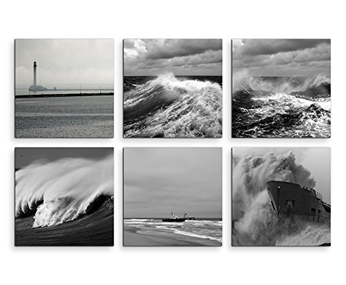 6 teilige moderne Bilderserie je 20x20cm - Schwarz Weiß Wellen Leuchtturm Strand