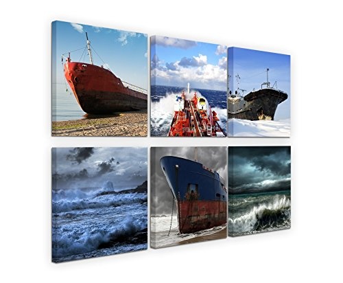 6 teilige moderne Bilderserie je 20x20cm - Schiff Meer Strand Unwetter