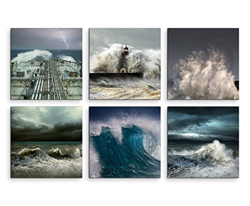 6 teilige moderne Bilderserie je 20x20cm - Unwetter Sturm Blitz Gewitter Leuchtturm