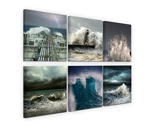6 teilige moderne Bilderserie je 20x20cm - Unwetter Sturm Blitz Gewitter Leuchtturm