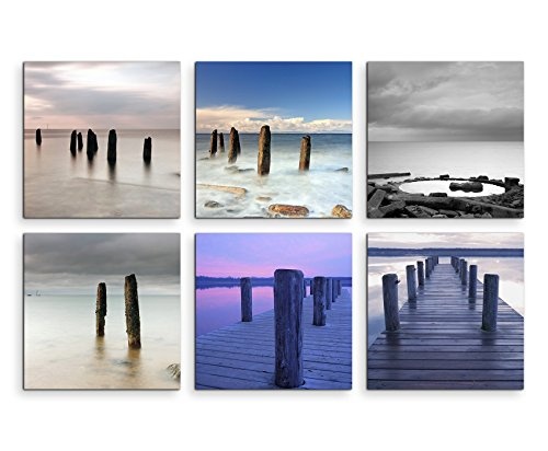 6 teilige moderne Bilderserie je 20x20cm - Sonnenuntergang Strand Meer Steg