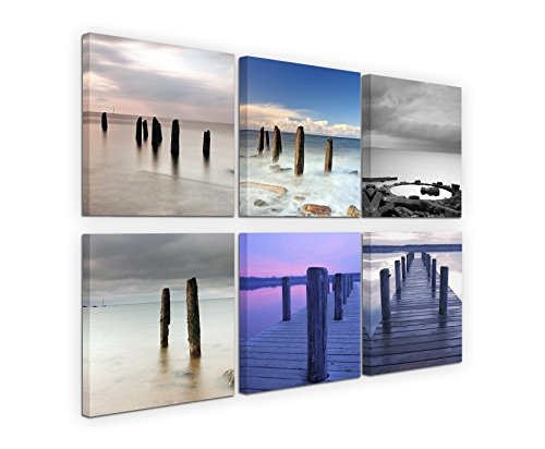 6 teilige moderne Bilderserie je 20x20cm - Sonnenuntergang Strand Meer Steg