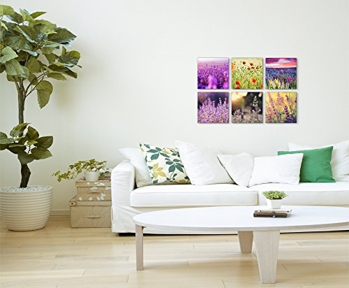 6 teilige moderne Bilderserie je 20x20cm - Lavendel Blumenwiese Mohnblumen