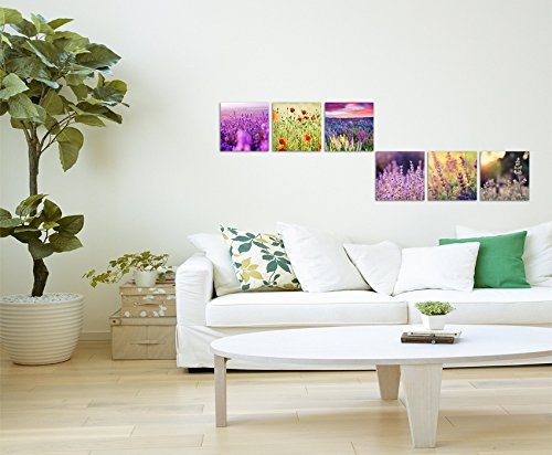 6 teilige moderne Bilderserie je 20x20cm - Lavendel Blumenwiese Mohnblumen