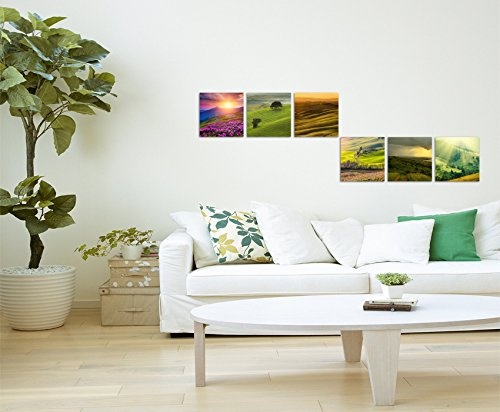 6 teilige moderne Bilderserie je 20x20cm - Landschaft Blumen Wiese Sonnenuntergang Natur