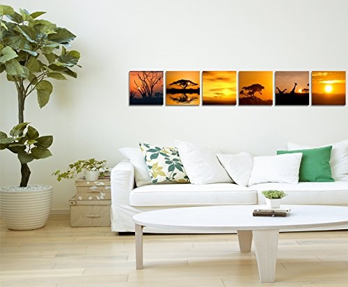6 teilige moderne Bilderserie je 20x20cm - Akazienbaum Afrika Sonnenuntergang Wüste Giraffe