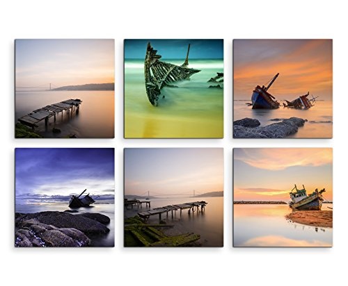 6 teilige moderne Bilderserie je 20x20cm - Schiffswrack Meer Strand Sonnenuntergang