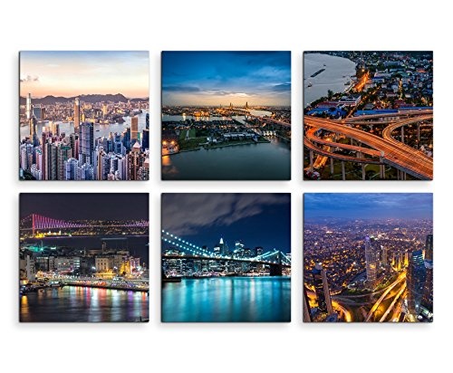 6 teilige moderne Bilderserie je 20x20cm - New York Nacht Wolkenkratzer Amerika