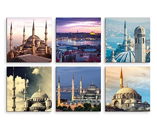 6 teilige moderne Bilderserie je 20x20cm - Istanbul Moschee Stadt Nacht