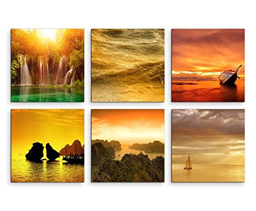 6 teilige moderne Bilderserie je 20x20cm - Wasserfall Paradies Sonnenuntergang Meer Strand