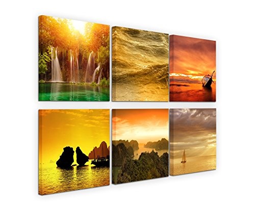 6 teilige moderne Bilderserie je 20x20cm - Wasserfall Paradies Sonnenuntergang Meer Strand