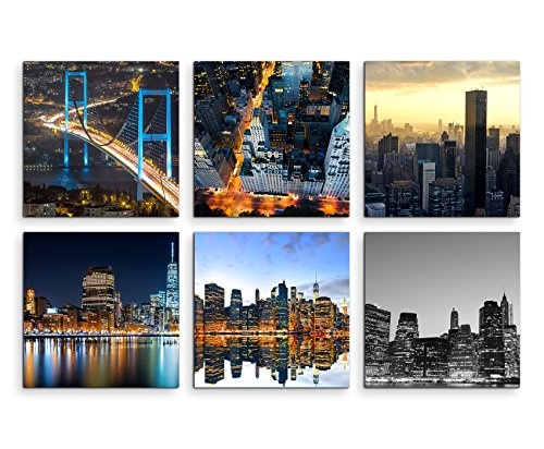 6 teilige moderne Bilderserie je 20x20cm - New York Brooklyn Bridge Skyline Nacht