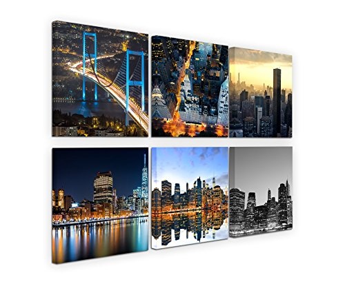 6 teilige moderne Bilderserie je 20x20cm - New York Brooklyn Bridge Skyline Nacht