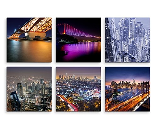 6 teilige moderne Bilderserie je 20x20cm - New York Skyline Amerika Nacht