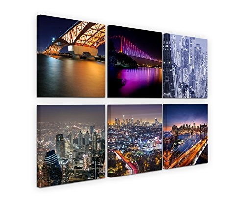 6 teilige moderne Bilderserie je 20x20cm - New York Skyline Amerika Nacht