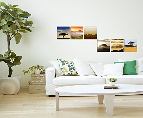 6 teilige moderne Bilderserie je 20x20cm - Akazienbaum Afrika Wüste Sonnenuntergang