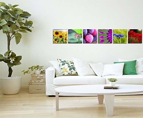6 teilige moderne Bilderserie je 20x20cm - Sonnenblumen Mohnblumen Makroaufnahme Sommer