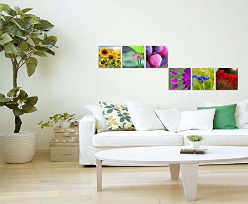 6 teilige moderne Bilderserie je 20x20cm - Sonnenblumen Mohnblumen Makroaufnahme Sommer
