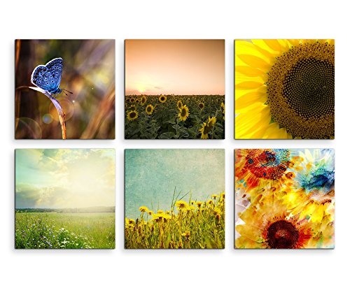6 teilige moderne Bilderserie je 20x20cm - Schmetterling Sonnenblumen Blumenwiese Ölmalerei