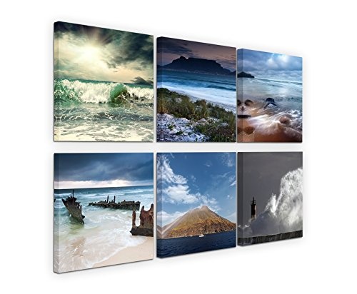 6 teilige moderne Bilderserie je 20x20cm - Meer Leuchtturm Wellen Unwetter Gebirge