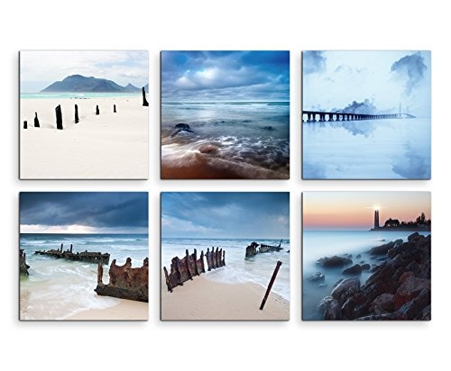 6 teilige moderne Bilderserie je 20x20cm - Sonnenuntergang Meer Wasser Leuchtturm Sommer