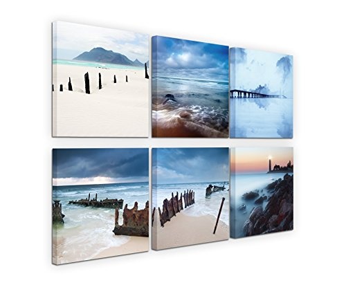 6 teilige moderne Bilderserie je 20x20cm - Sonnenuntergang Meer Wasser Leuchtturm Sommer