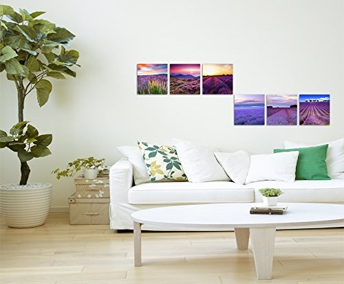 6 teilige moderne Bilderserie je 20x20cm - Lavendelfeld Sommer Blumen Sonnenuntergang