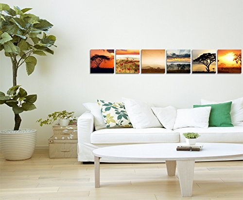 6 teilige moderne Bilderserie je 20x20cm - Akazienbaum Afrika Wüste Mohnblumen Sonnenuntergang