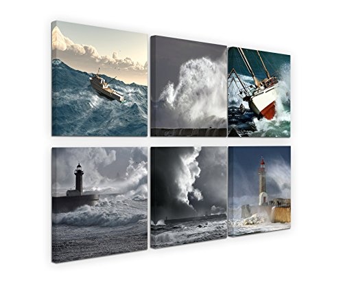 6 teilige moderne Bilderserie je 20x20cm - Leuchtturm Unwetter Sturm Meer Wellen