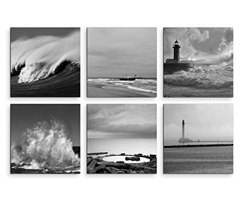 6 teilige moderne Bilderserie je 20x20cm - Schwarz Weiß Leuchtturm Meer Strand