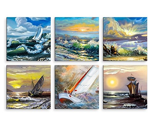 6 teilige moderne Bilderserie je 20x20cm - Ölmalerei Schiff Meer Sturm Wellen