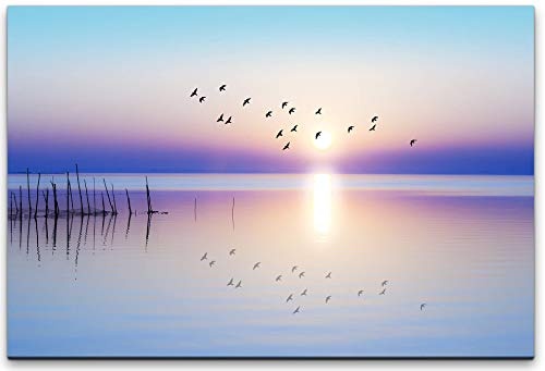 bestforhome 150x100cm Leinwandbild Vögel fliegen über See bei Sonnenaufgang Leinwand auf Holzrahmen