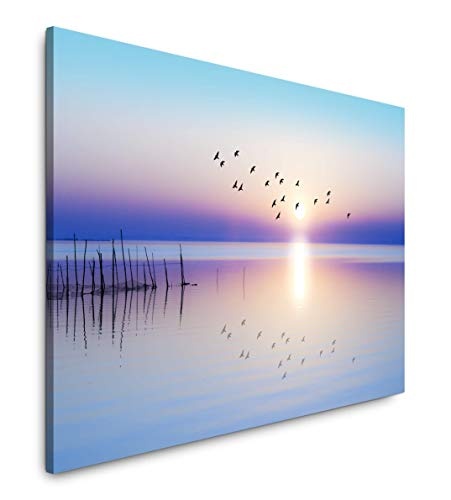 bestforhome 150x100cm Leinwandbild Vögel fliegen über See bei Sonnenaufgang Leinwand auf Holzrahmen