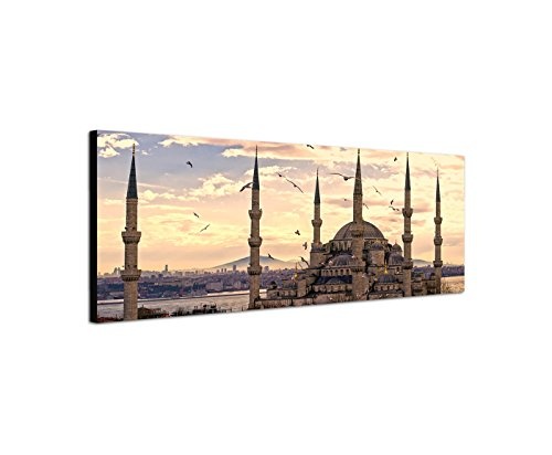 Wandbild auf Leinwand als Panorama in 120x40cm Istanbul Moschee Sonnenuntergang Vögel