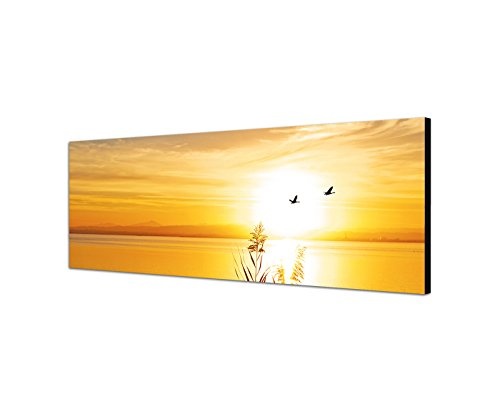 Wandbild auf Leinwand als Panorama in 120x40cm See Gräser Vögel Sonnenuntergang