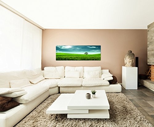 Wandbild auf Leinwand als Panorama in 120x40cm Wiese Hügel Baum Sonne Vögel abstrakt