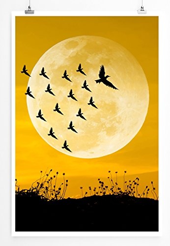 Best for home Artprints - Illustration - Großer Vollmond mit Vogelschwarm- Fotodruck in gestochen scharfer Qualität