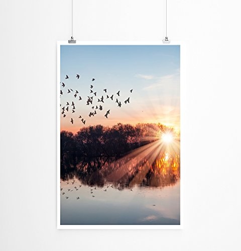 Best for Home Artprints - Art - Vogelschwarm über Einem See Bei Sonnenuntergang- Fotodruck in gestochen scharfer Qualität