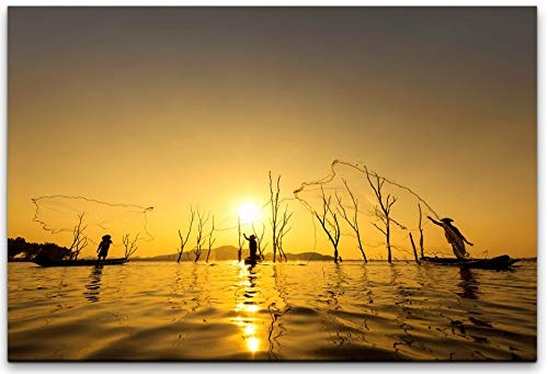 180x120cm Leinwandbild Fischer beim fischen Leinwand auf Holzrahmen
