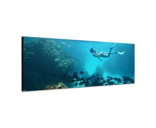 Wandbild auf Leinwand als Panorama in 120x40cm Meer Korallenriff Fische Taucherin Palmen
