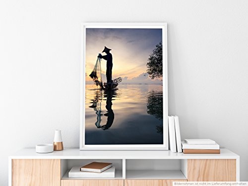 Best for home Artprints - Arbeiterfotografie - Fischer bei Tageseinbruch mit Netz- Fotodruck in gestochen scharfer Qualität